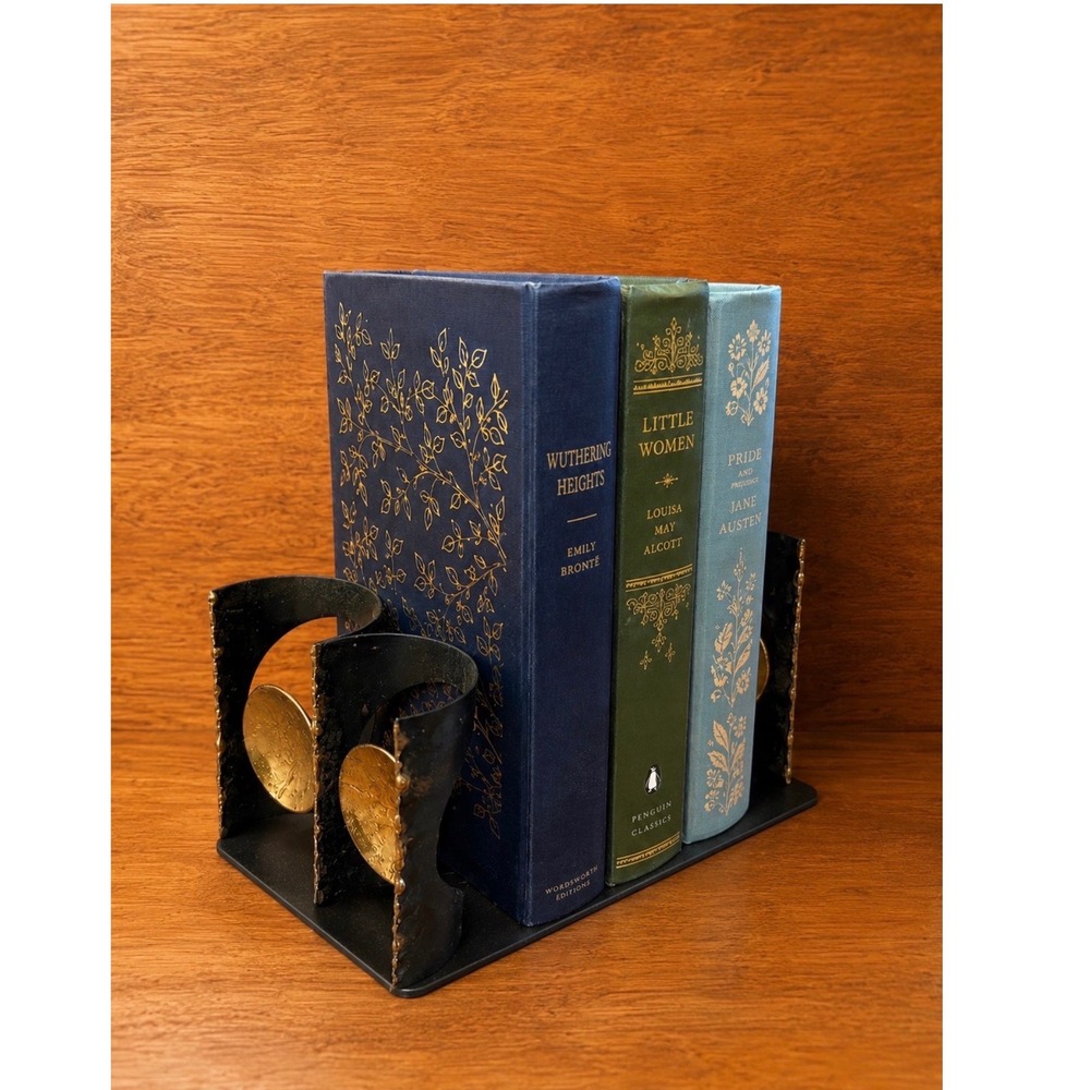Vintage Brutalist Mid Century Modern Metal Bookends Gold Black abstract retro